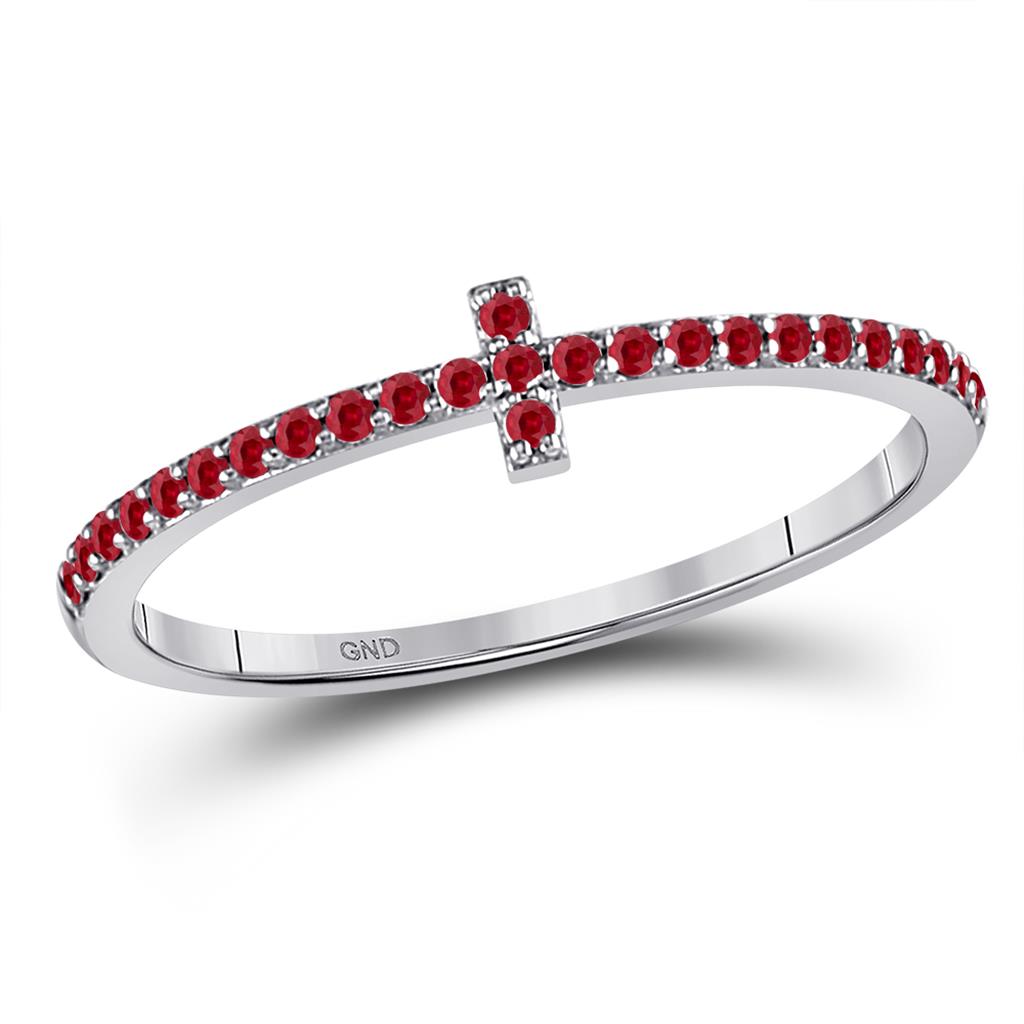 14k White Gold Round Ruby Cross Stackable Band Ring 1/6 Cttw