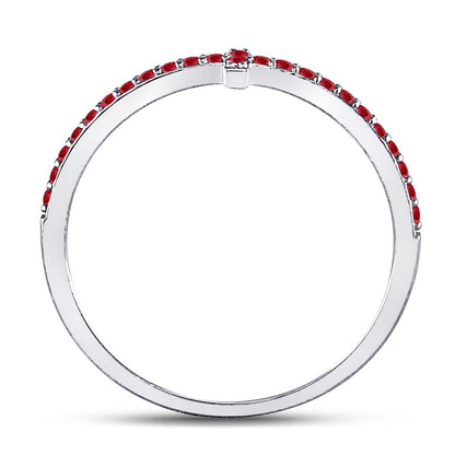 14k White Gold Round Ruby Cross Stackable Band Ring 1/6 Cttw