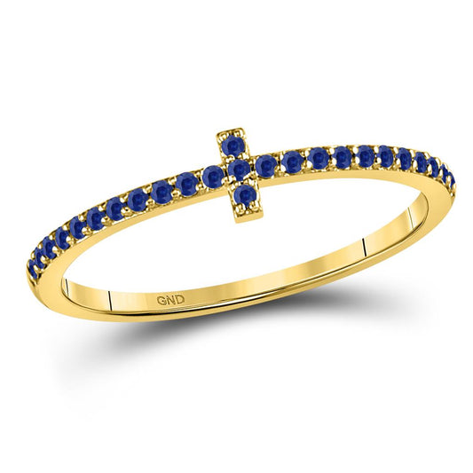10k Yellow Gold Round Blue Sapphire Cross Stackable Band Ring 1/6 Cttw