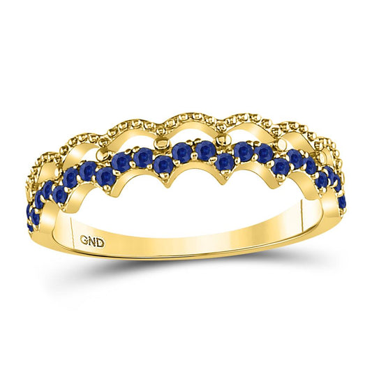 10k Yellow Gold Round Blue Sapphire Scalloped Stackable Band Ring 1/4 Cttw