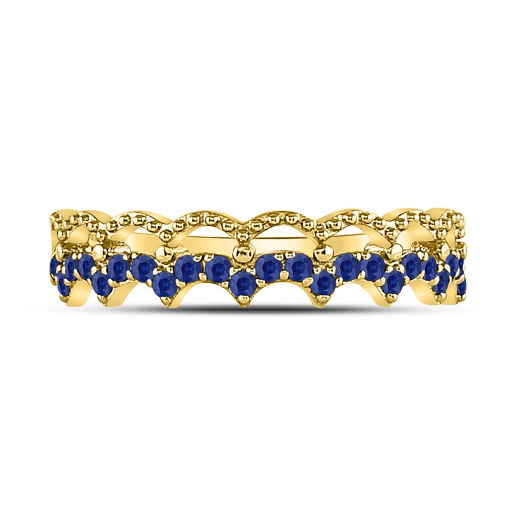 10k Yellow Gold Round Blue Sapphire Scalloped Stackable Band Ring 1/4 Cttw