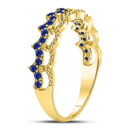 10k Yellow Gold Round Blue Sapphire Scalloped Stackable Band Ring 1/4 Cttw
