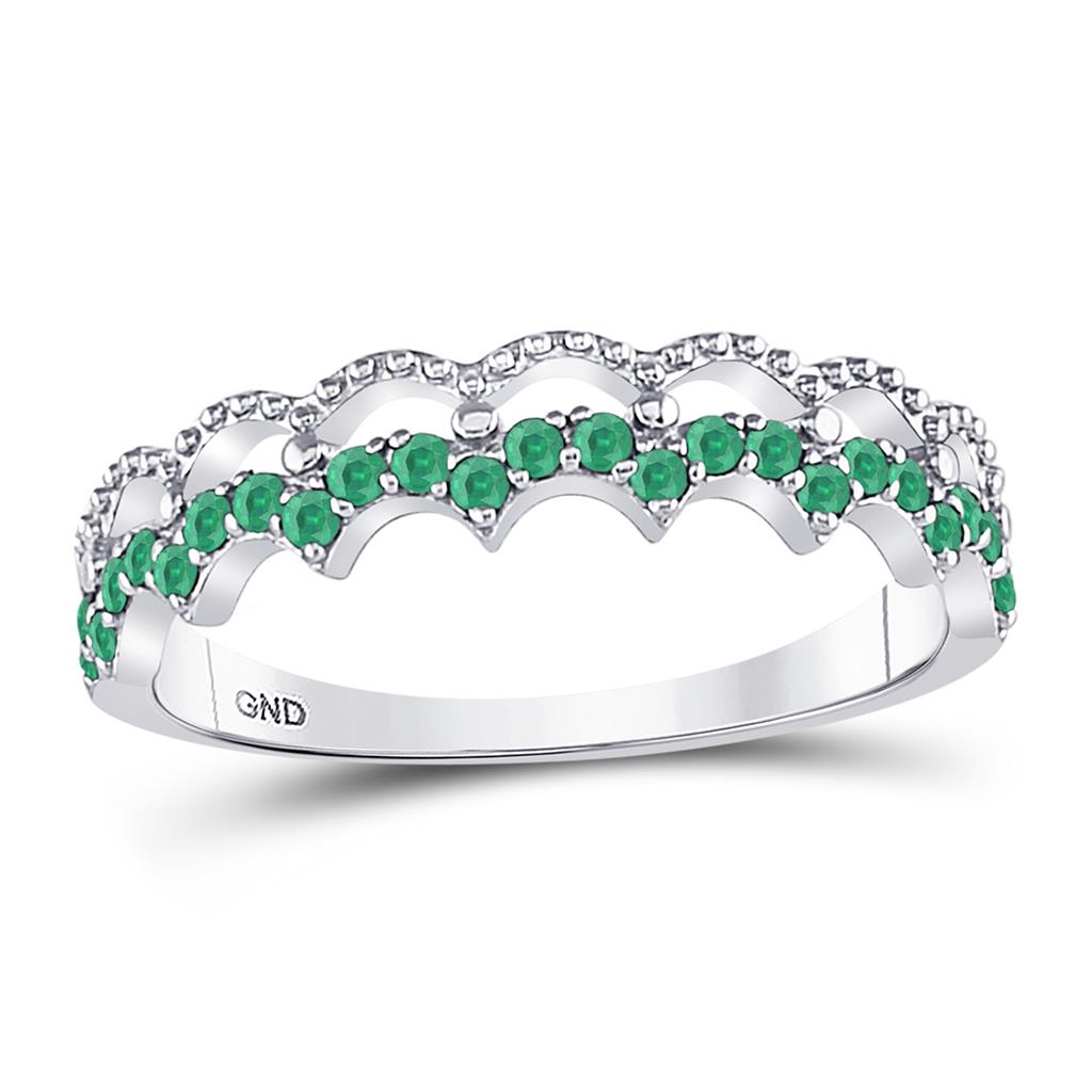 14k White Gold Round Emerald Scalloped Stackable Band Ring 1/4 Cttw