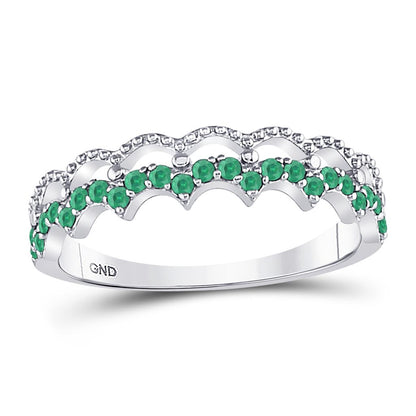 14k White Gold Round Emerald Scalloped Stackable Band Ring 1/4 Cttw