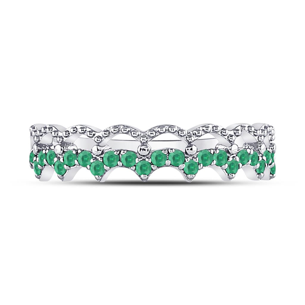 14k White Gold Round Emerald Scalloped Stackable Band Ring 1/4 Cttw