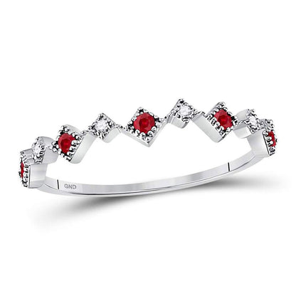 14k White Gold Round Ruby Diamond Milgrain Square Stackable Band Ring 1/8 Cttw