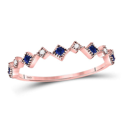 10k Rose Gold Round Blue Sapphire Diamond Stackable Band Ring 1/5 Cttw