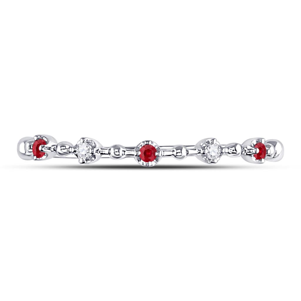 14k White Gold Round Ruby Diamond Beaded Stackable Band Ring 1/20 Cttw