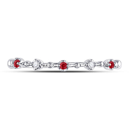14k White Gold Round Ruby Diamond Beaded Stackable Band Ring 1/20 Cttw