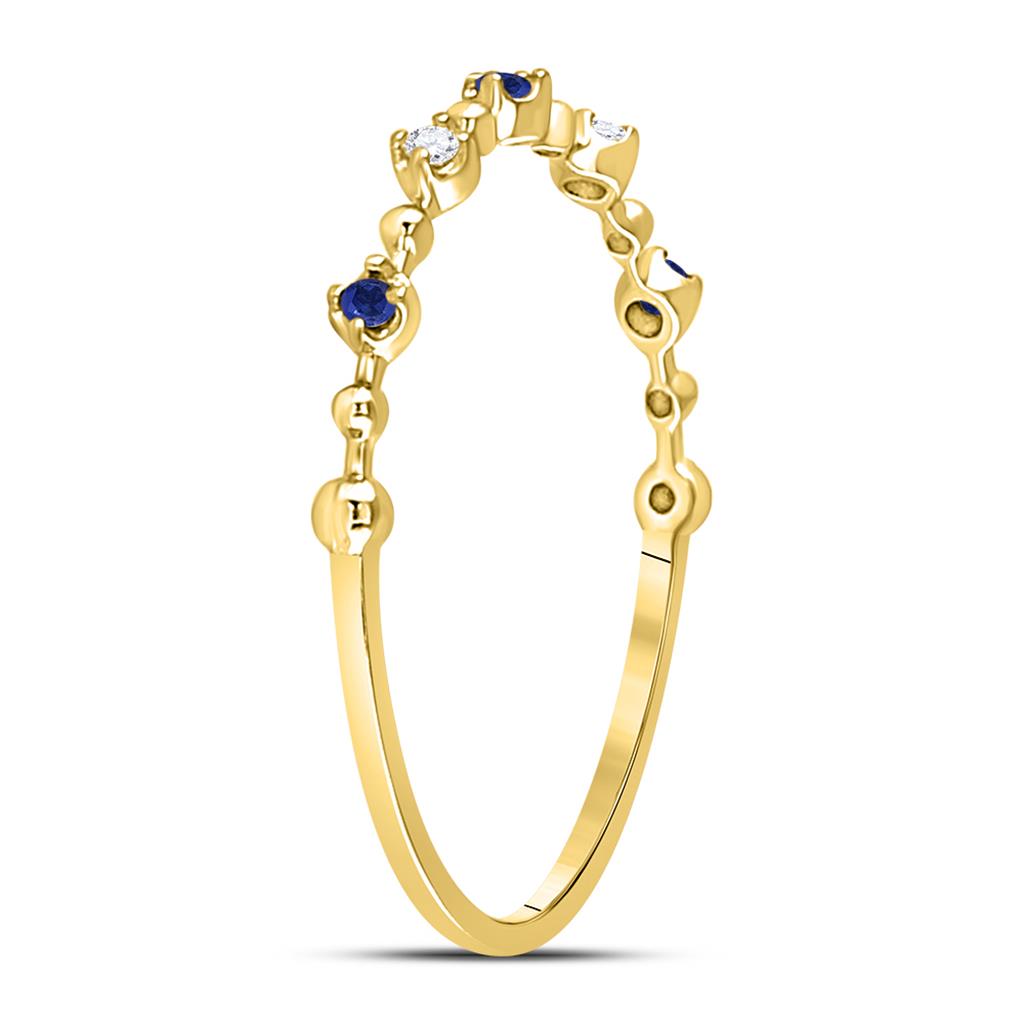 10k Yellow Gold Round Blue Sapphire Diamond Beaded Stackable Band Ring 1/20 Cttw