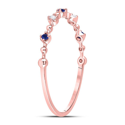10k Rose Gold Round Blue Sapphire Diamond Beaded Stackable Band Ring 1/20 Cttw
