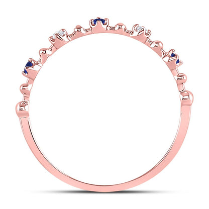 10k Rose Gold Round Blue Sapphire Diamond Beaded Stackable Band Ring 1/20 Cttw