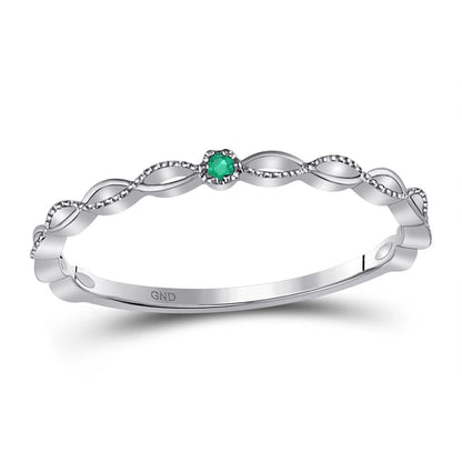 14k White Gold Round Emerald Solitaire Milgrain Stackable Band Ring .01 Cttw