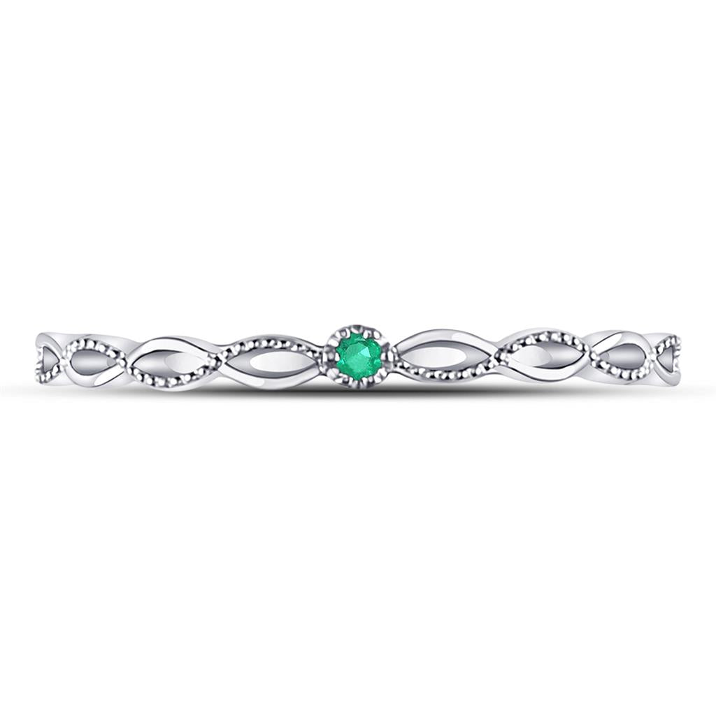14k White Gold Round Emerald Solitaire Milgrain Stackable Band Ring .01 Cttw