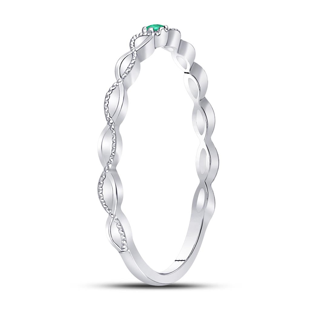14k White Gold Round Emerald Solitaire Milgrain Stackable Band Ring .01 Cttw