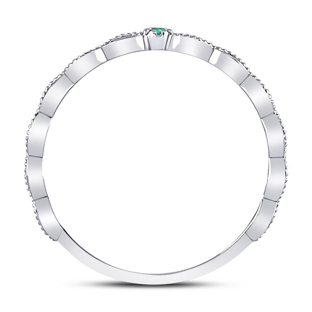 14k White Gold Round Emerald Solitaire Milgrain Stackable Band Ring .01 Cttw