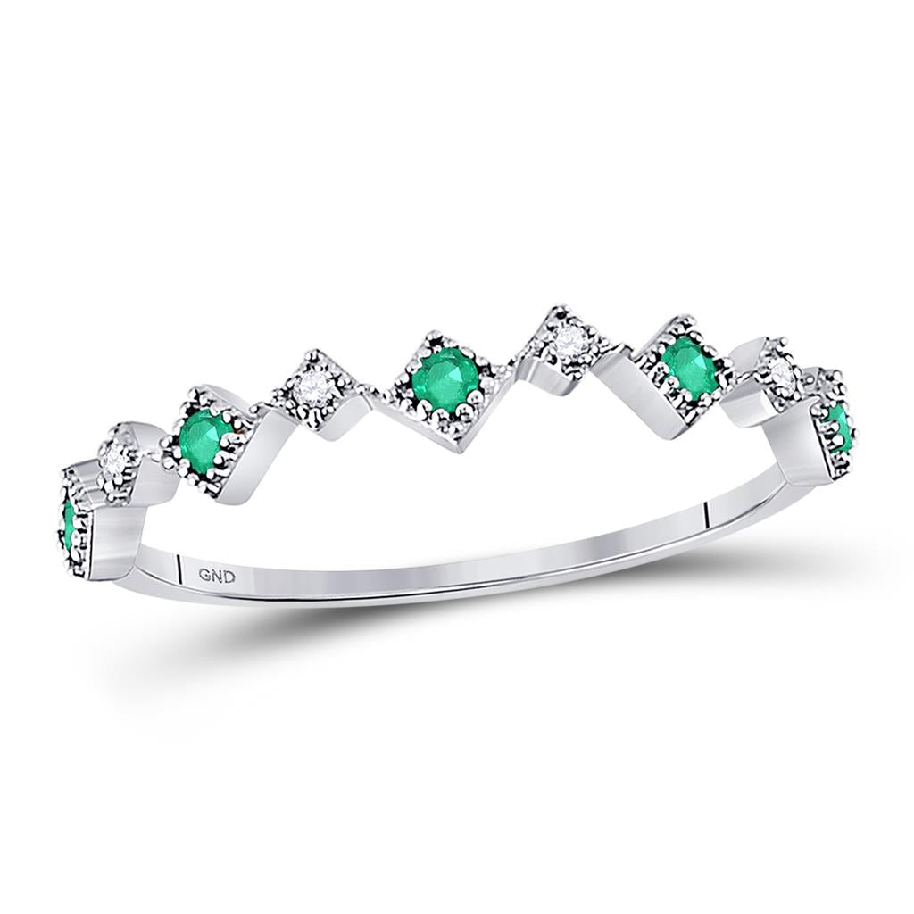14k White Gold Round Emerald Diamond Stackable Band Ring 1/5 Cttw