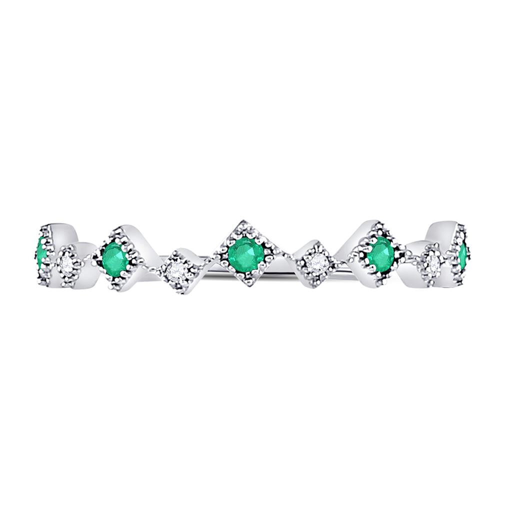 14k White Gold Round Emerald Diamond Stackable Band Ring 1/5 Cttw