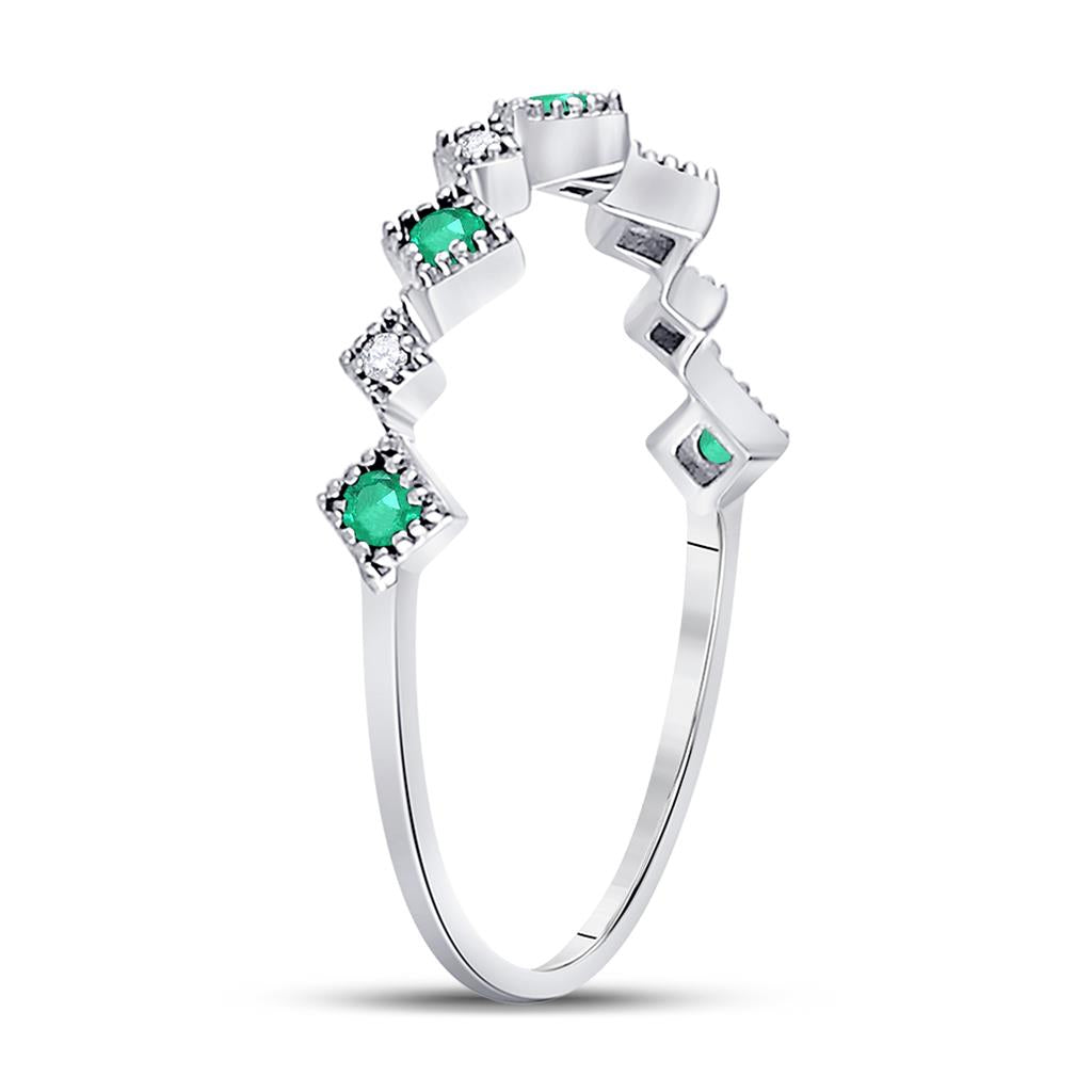 14k White Gold Round Emerald Diamond Stackable Band Ring 1/5 Cttw