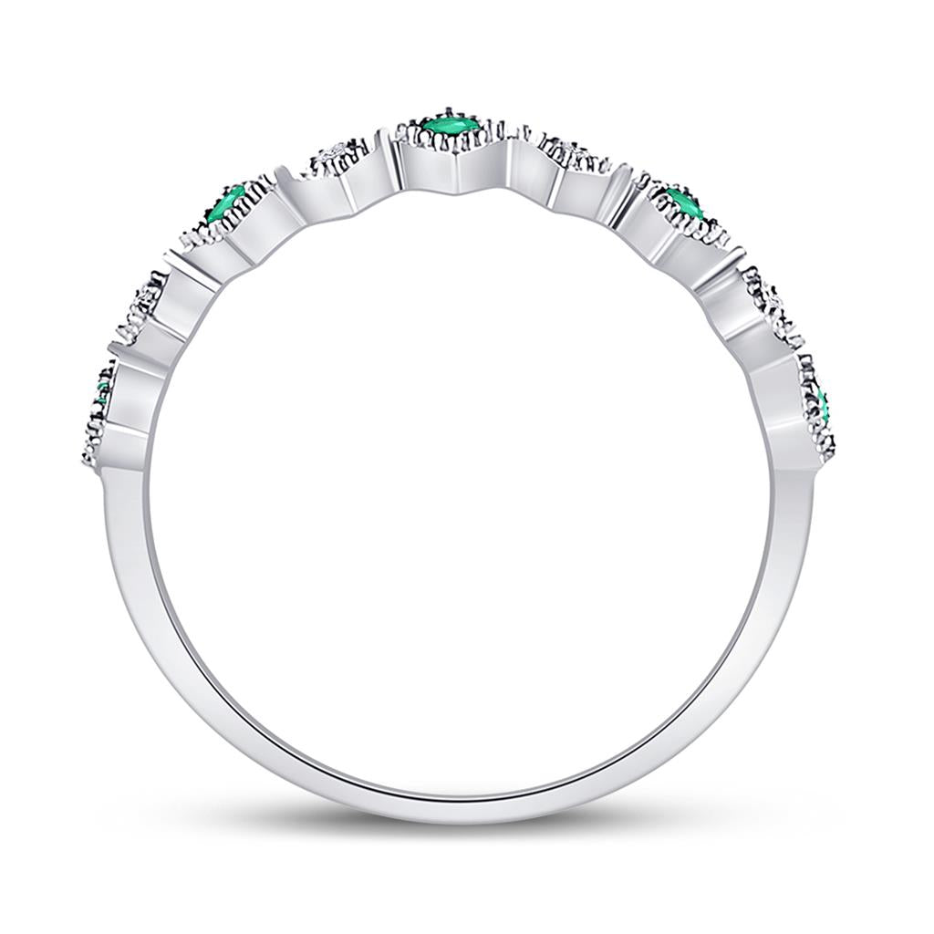 14k White Gold Round Emerald Diamond Stackable Band Ring 1/5 Cttw