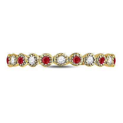 10k Yellow Gold Round Ruby Diamond Beaded Dot Stackable Band Ring 1/6 Cttw