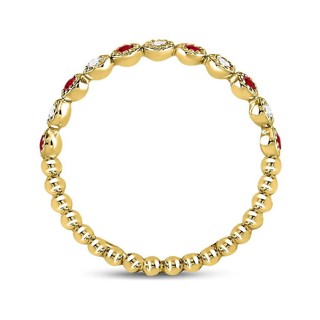 10k Yellow Gold Round Ruby Diamond Beaded Dot Stackable Band Ring 1/6 Cttw