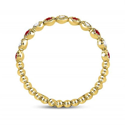 10k Yellow Gold Round Ruby Diamond Beaded Dot Stackable Band Ring 1/6 Cttw
