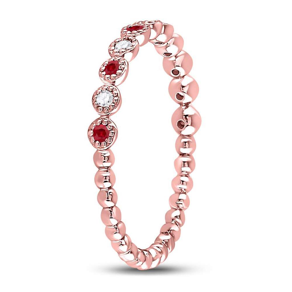 10kt Rose Gold Round Ruby Diamond Beaded Dot Stackable Band Ring 1/6 Cttw