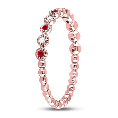 10kt Rose Gold Round Ruby Diamond Beaded Dot Stackable Band Ring 1/6 Cttw
