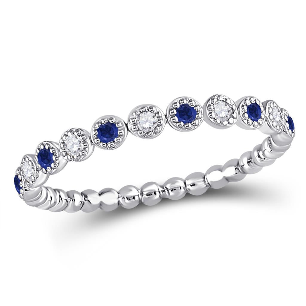 14kt White Gold Round Blue Sapphire Diamond Beaded Dot Stackable Band Ring