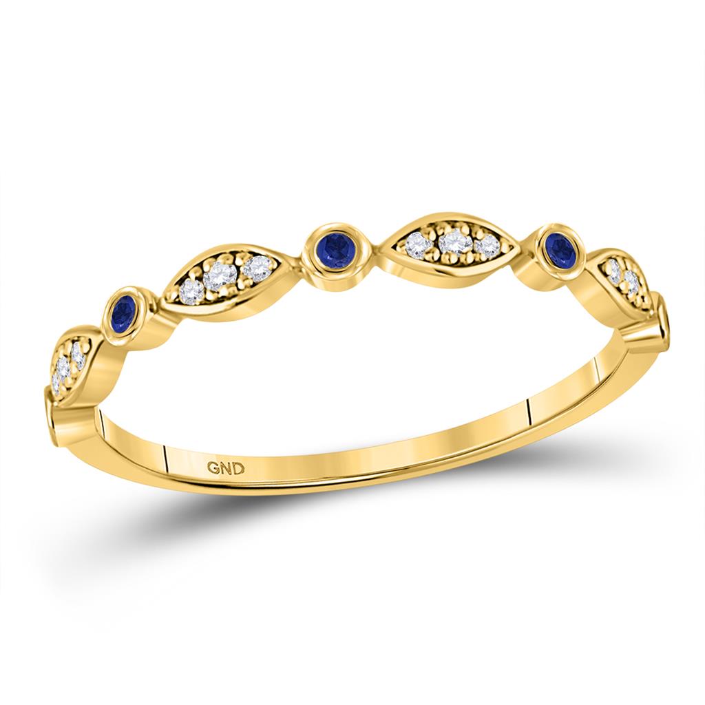 10k Yellow Gold Round Blue Sapphire Diamond Stackable Band Ring 1/10 Cttw