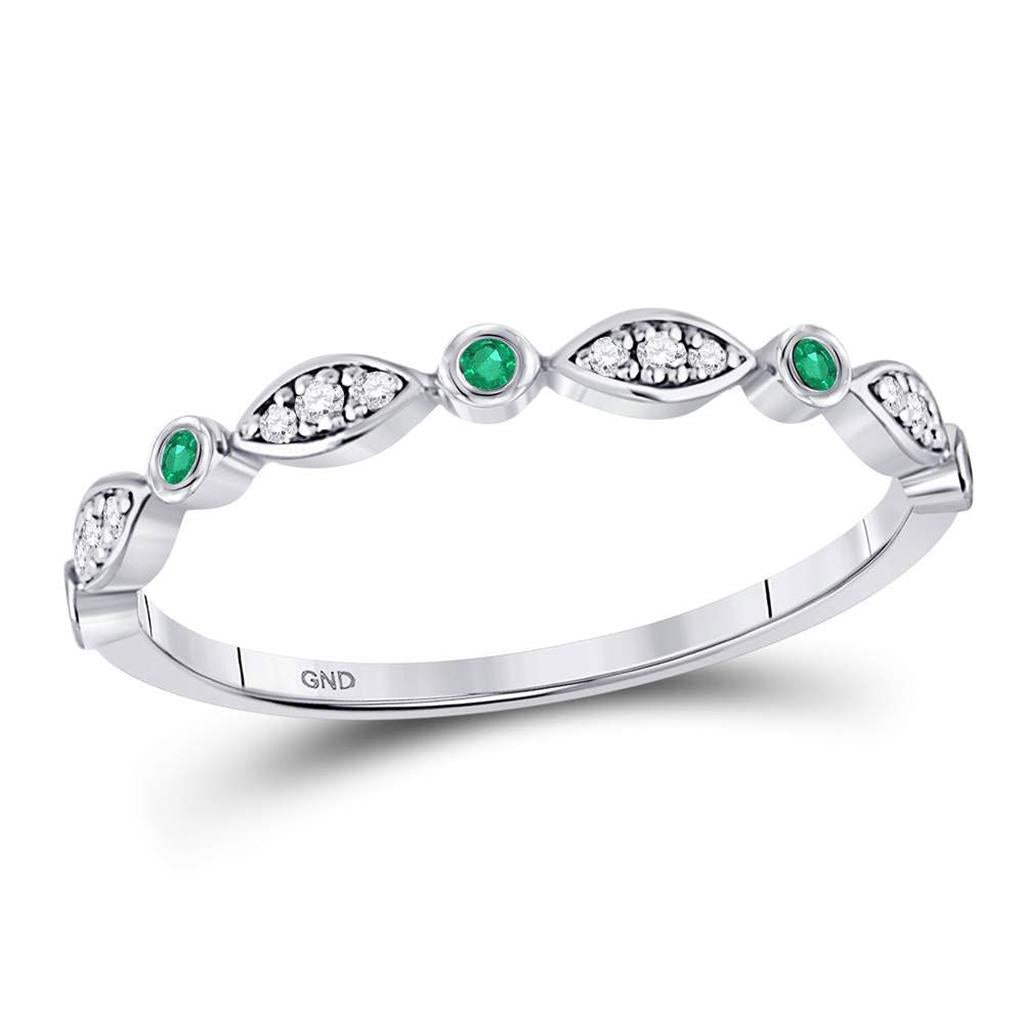 14k White Gold Round Emerald Diamond Marquise Dot Stackable Band Ring 1/8 Cttw