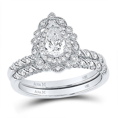14k White Gold Pear Diamond Milgrain Bridal Wedding Ring Set 1-1/3 Cttw (Certified)