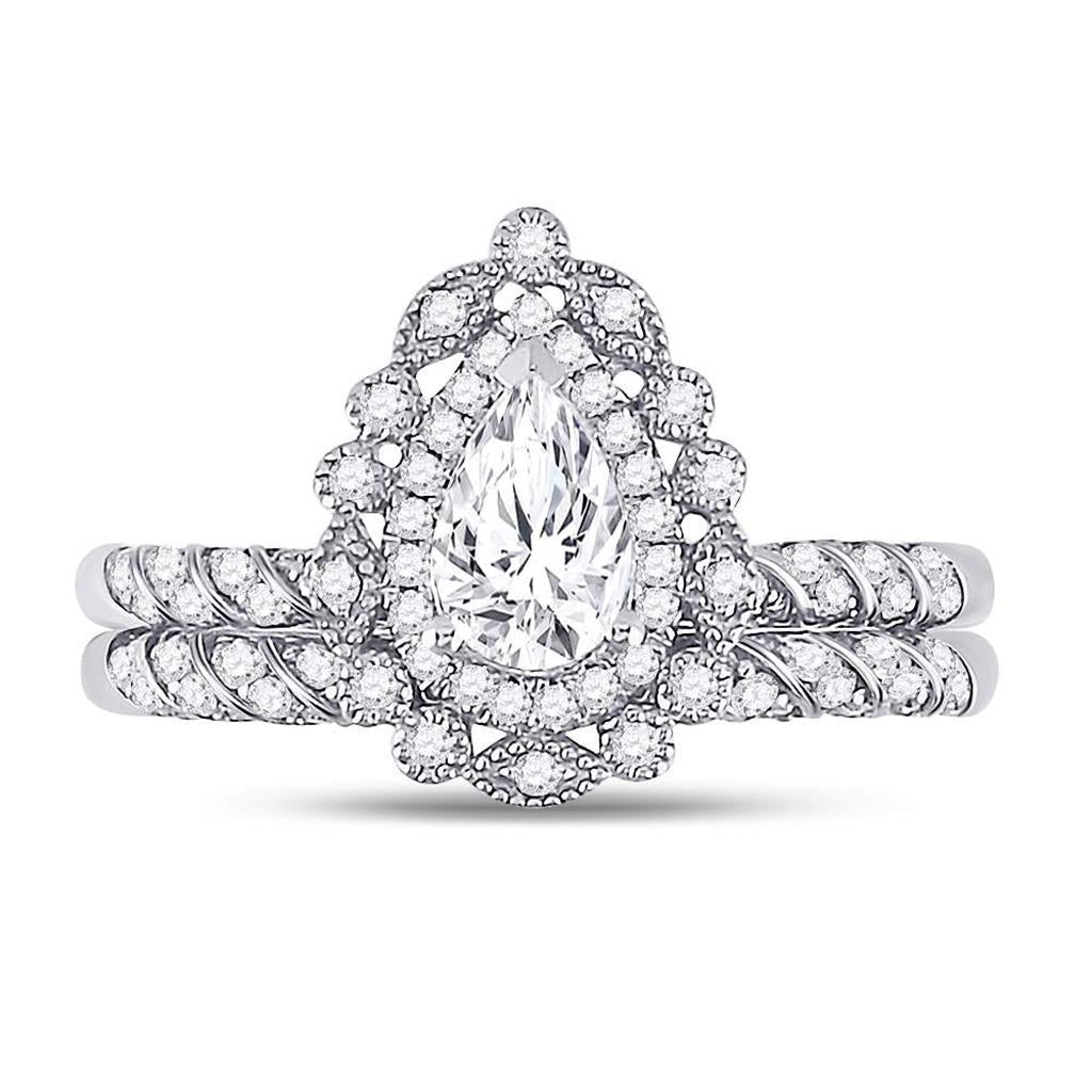 14k White Gold Pear Diamond Milgrain Bridal Wedding Ring Set 1-1/3 Cttw (Certified)
