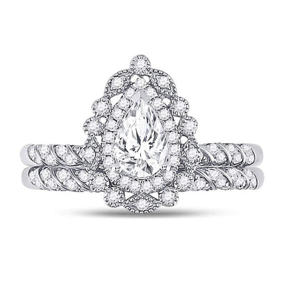 14k White Gold Pear Diamond Milgrain Bridal Wedding Ring Set 1-1/3 Cttw (Certified)