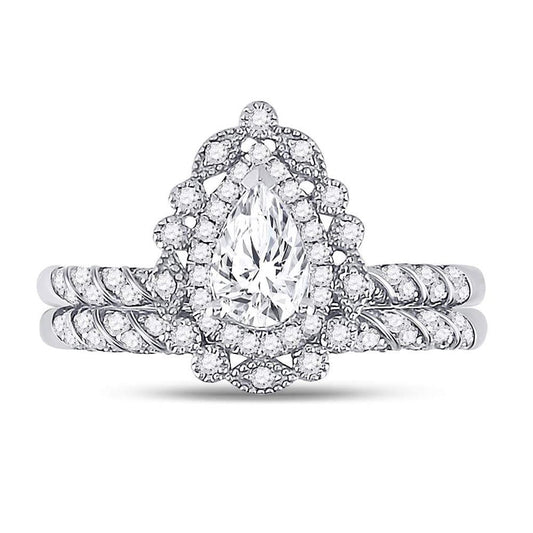 14k White Gold Pear Diamond Milgrain Bridal Wedding Ring Set 1-1/3 Cttw (Certified)