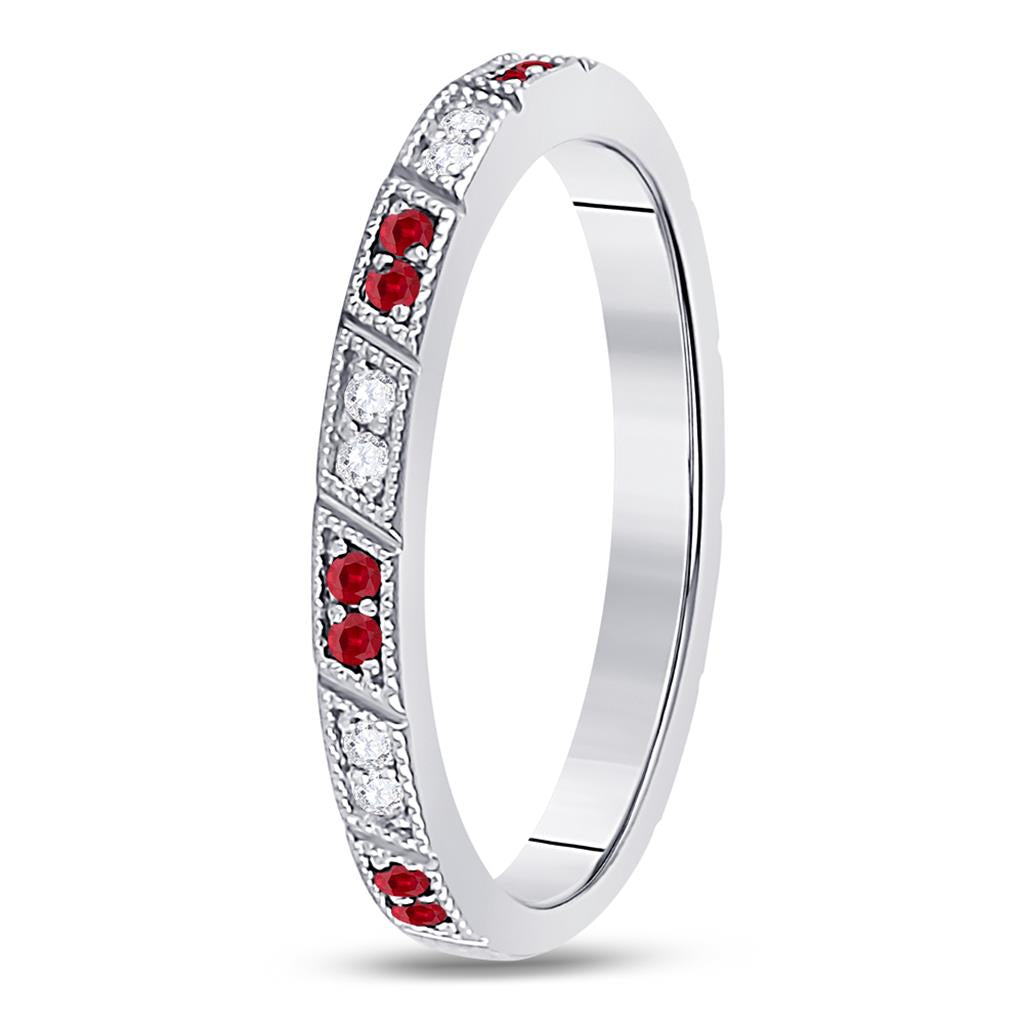 14k White Gold Round Ruby Diamond Milgrain Stackable Band Ring 1/4 Cttw