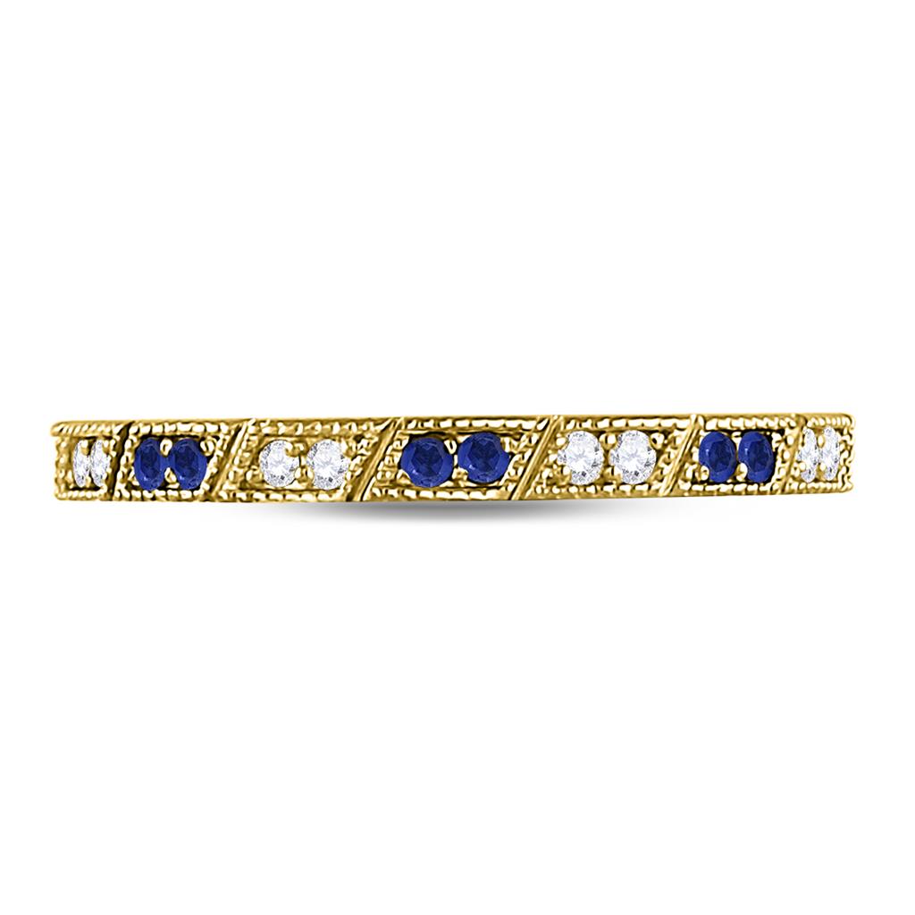 10k Yellow Gold Round Blue Sapphire Diamond Milgrain Stackable Band Ring 1/4 Cttw