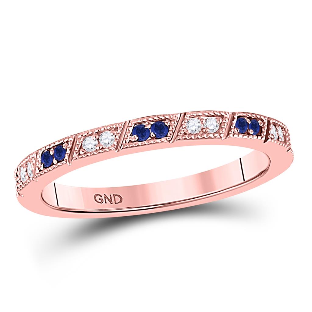 10k Rose Gold Round Blue Sapphire Diamond Milgrain Stackable Band Ring 1/4 Cttw