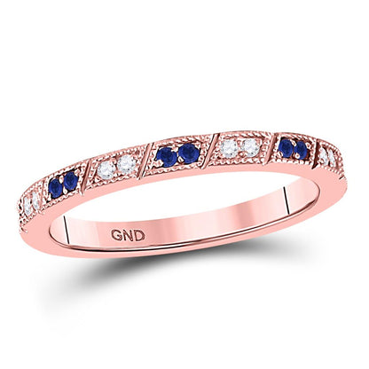 10k Rose Gold Round Blue Sapphire Diamond Milgrain Stackable Band Ring 1/4 Cttw