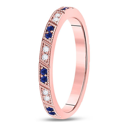 10k Rose Gold Round Blue Sapphire Diamond Milgrain Stackable Band Ring 1/4 Cttw