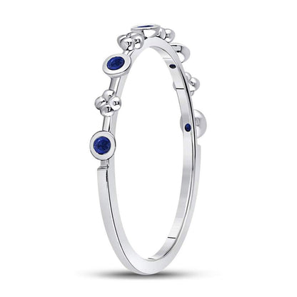 14kt White Gold Round Blue Sapphire Dot Flower Stackable Band Ring 1/12 Cttw