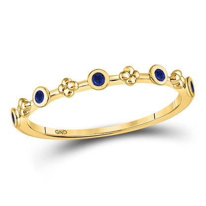 10kt Yellow Gold Round Blue Sapphire Dot Flower Stackable Band Ring 1/12 Cttw