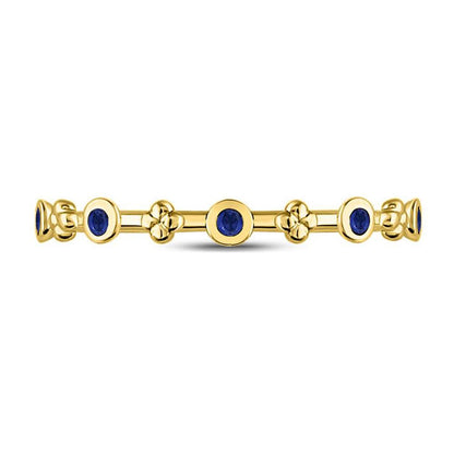 10kt Yellow Gold Round Blue Sapphire Dot Flower Stackable Band Ring 1/12 Cttw