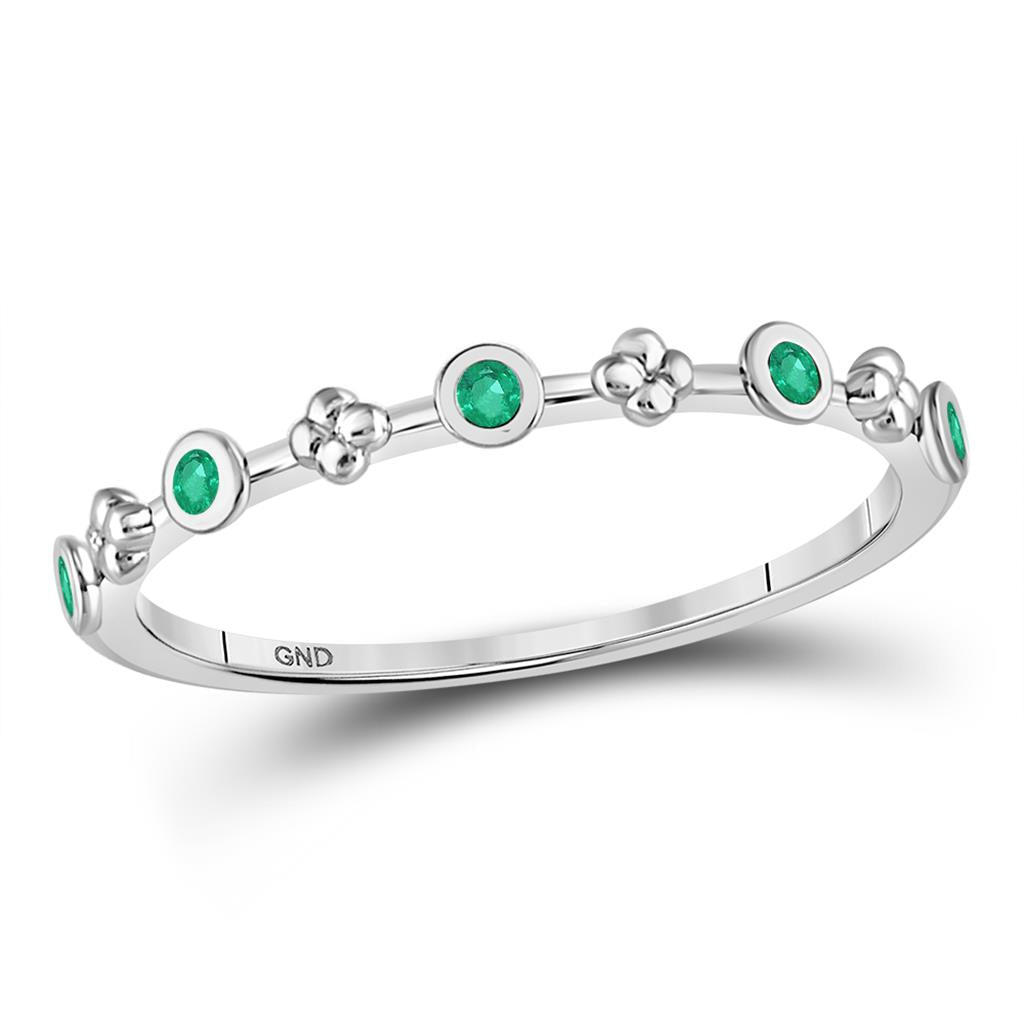 14kt White Gold Round Emerald Dot Flower Stackable Band Ring 1/12 Cttw