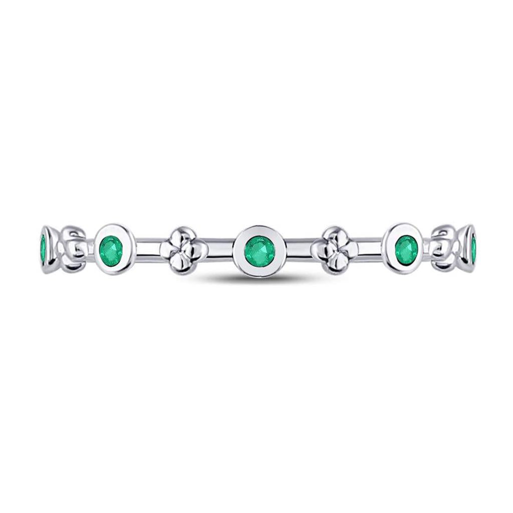14kt White Gold Round Emerald Dot Flower Stackable Band Ring 1/12 Cttw