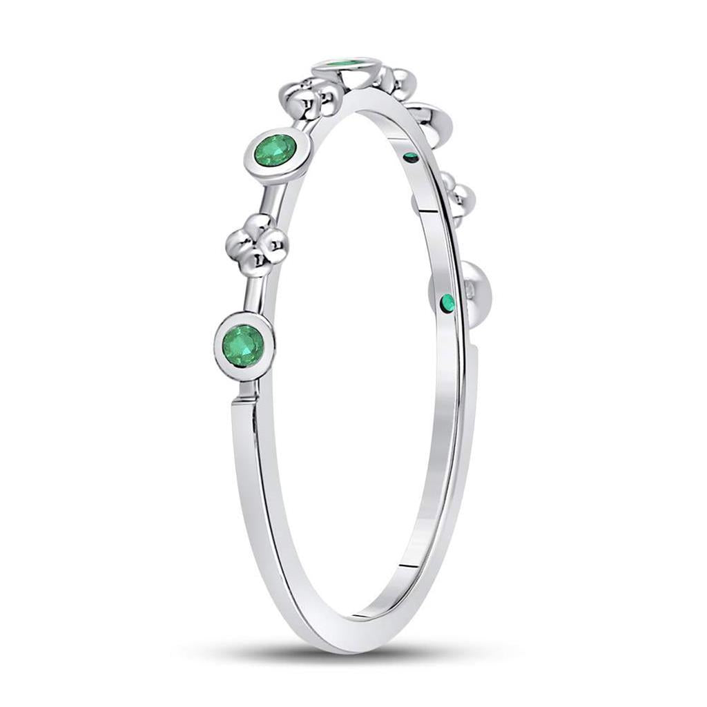 14kt White Gold Round Emerald Dot Flower Stackable Band Ring 1/12 Cttw
