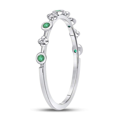 14kt White Gold Round Emerald Dot Flower Stackable Band Ring 1/12 Cttw