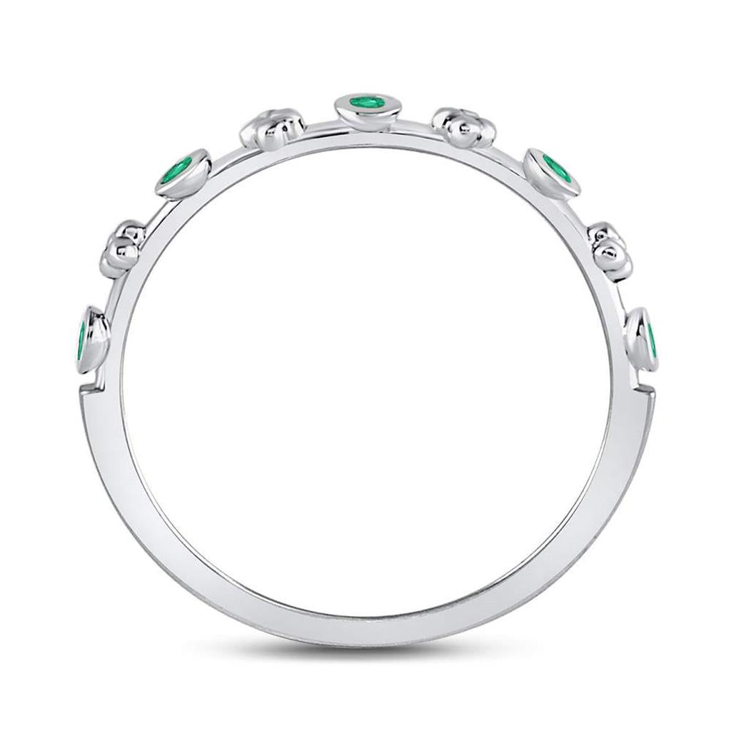 14kt White Gold Round Emerald Dot Flower Stackable Band Ring 1/12 Cttw