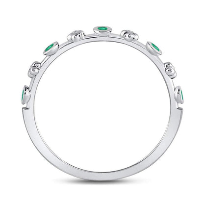 14kt White Gold Round Emerald Dot Flower Stackable Band Ring 1/12 Cttw
